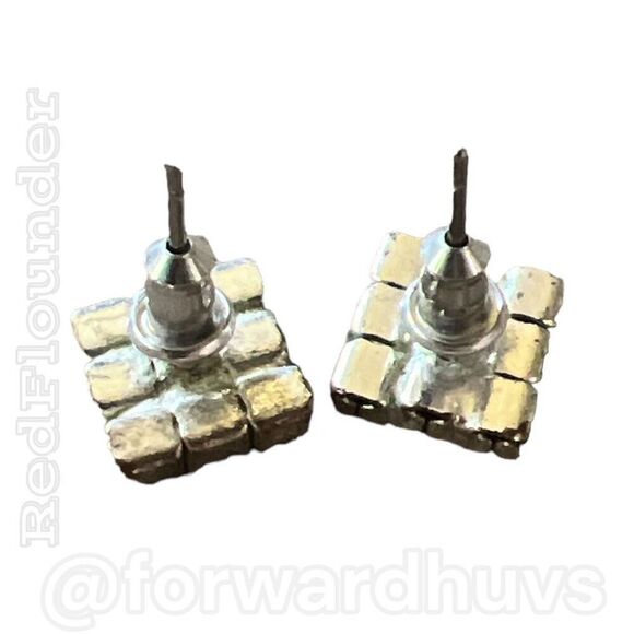 Silver Tone Square Earrings with Dark Blue & Clear Rhinestone - Picture 6 of 9